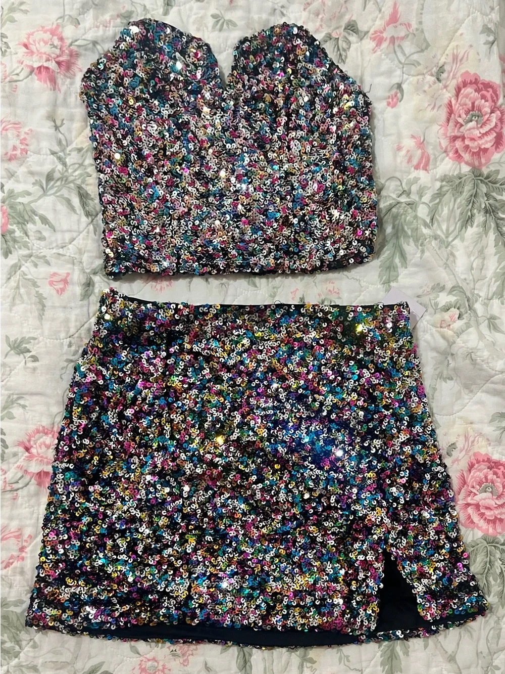 SO Multicolor Sequin Bustier & Mini Skirt Set